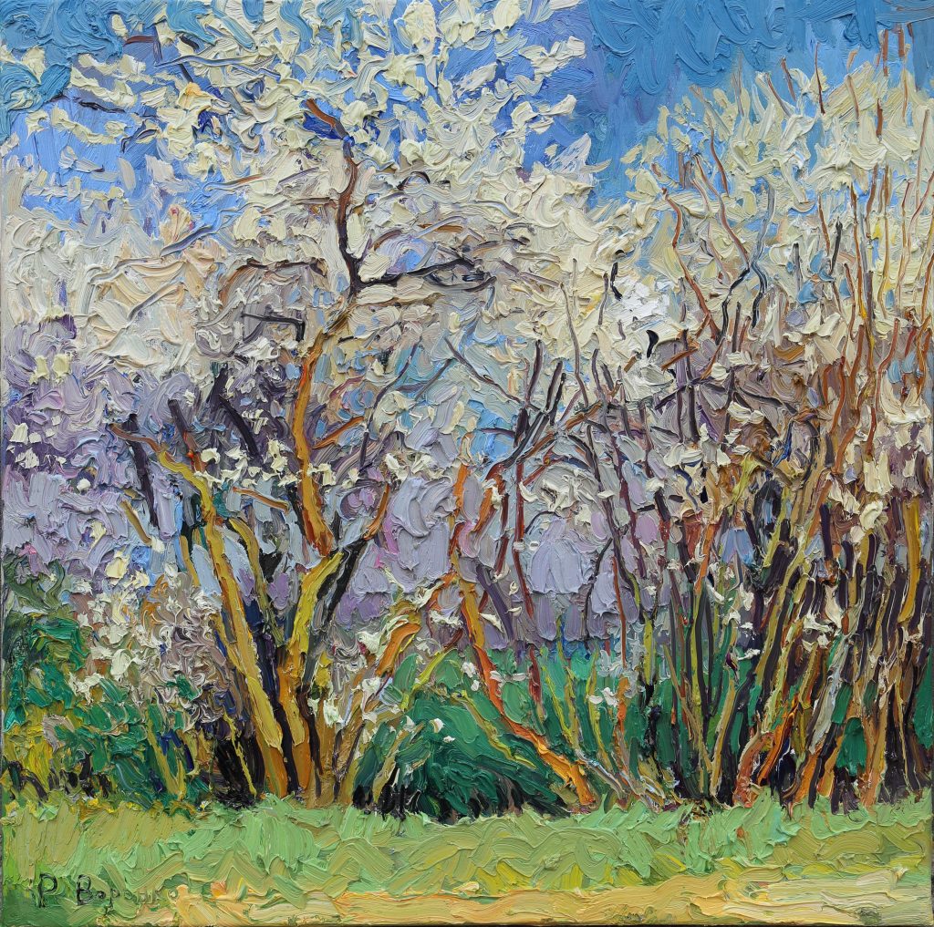 Oil painting of a spring evening with blue sky visible through blossoming sloe, green grass, and an emerging moon.