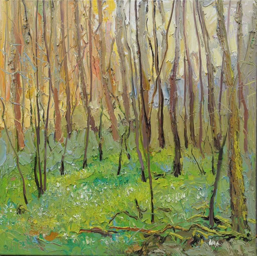 Oil painting of a forest at sunset with glowing trees, snowdrops on grass, and dynamic light and shadow.