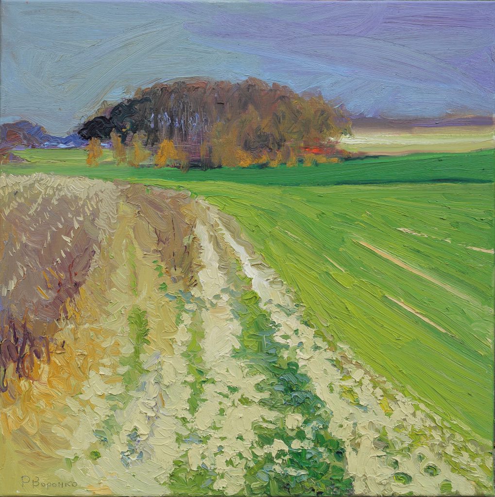 Oil painting of a spring landscape with a grassy path leading through green fields toward a darkening forest under a stormy sky.