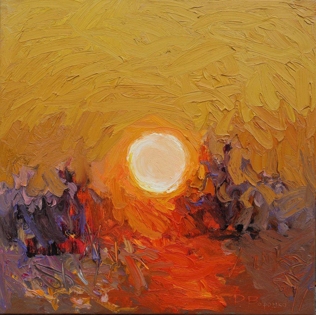 Oil painting of a spring evening with a glowing sky and a white sun disk above a calm landscape.