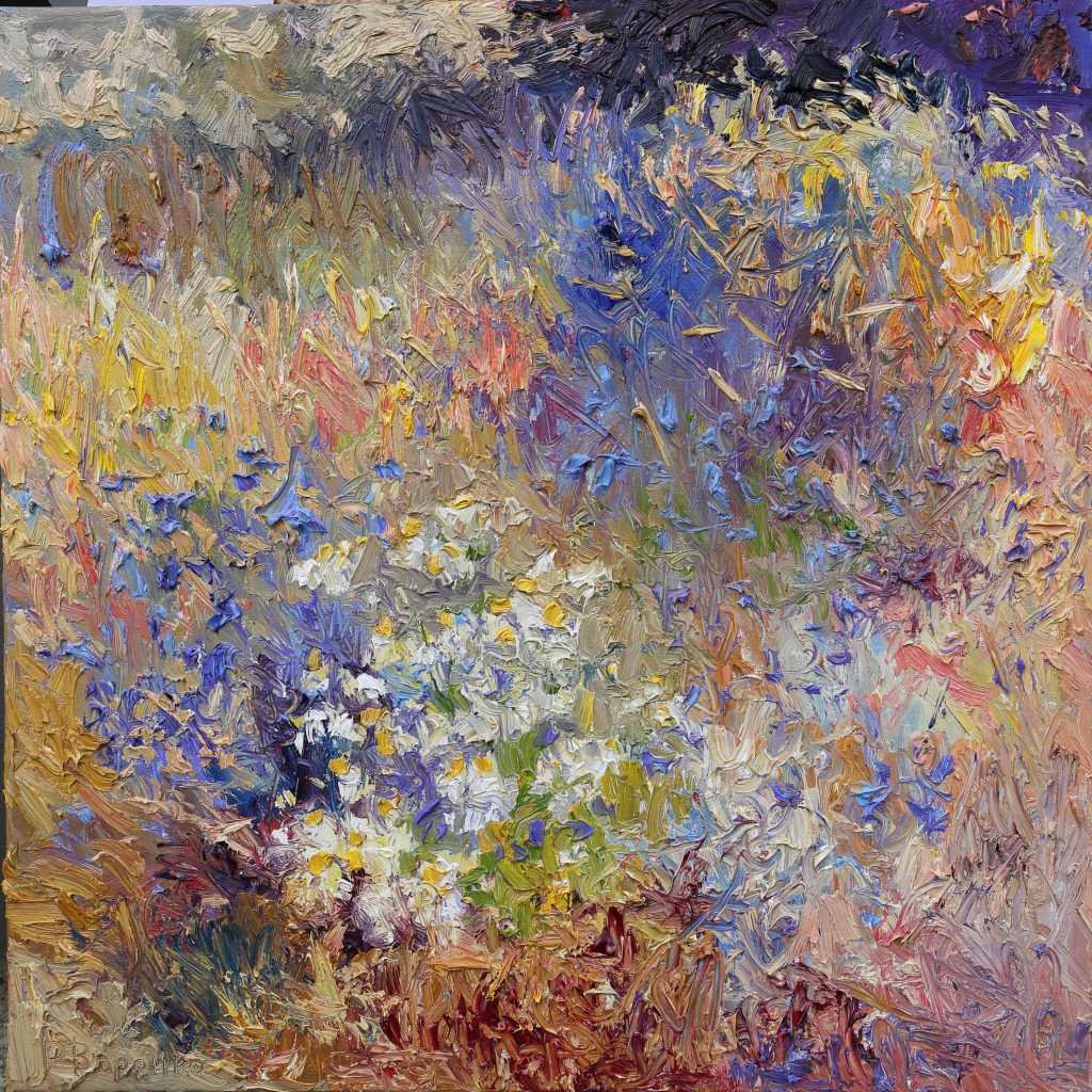 Oil painting of blue cornflowers and white daisies in sun-dried grass at dusk.