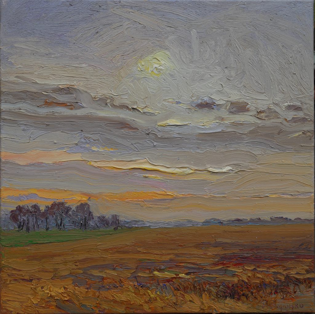 Oil painting of a spring landscape with soft sunlight over a wide field, dry grasses, and early green winter crops beneath an open sky.