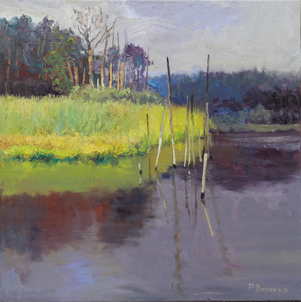 Oil painting of a quiet forest lake with reflections of trees and reeds on calm water.
