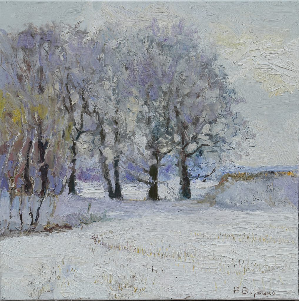 Oil painting of a winter morning with snow-covered oak trees, falling snowflakes, and muted light beneath a cloudy sky.