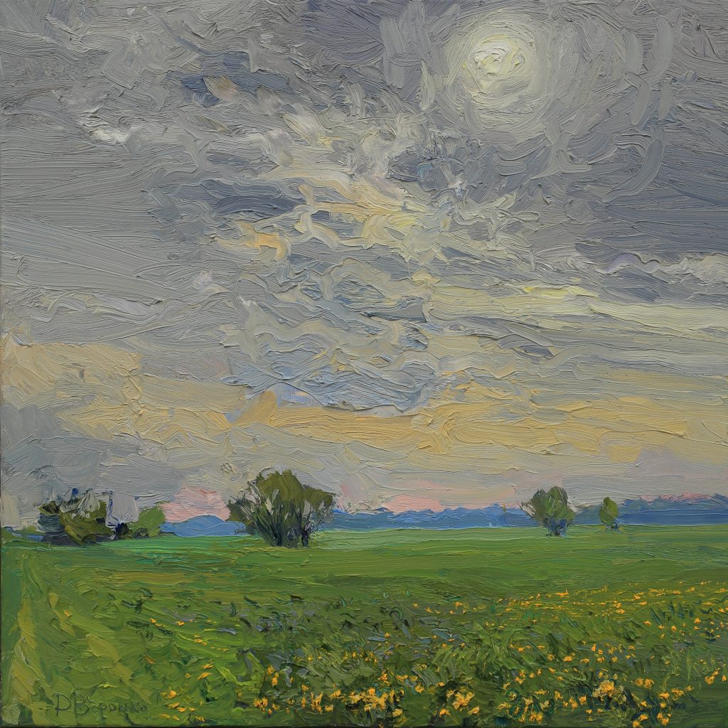 Oil painting of a spring meadow after rain with glistening grass, blooming dandelions, distant willow trees, and a pale rising sun.