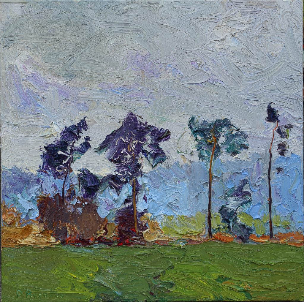 Oil painting of an autumn field with slender pine trees on the horizon beneath a textured grey and lavender sky.