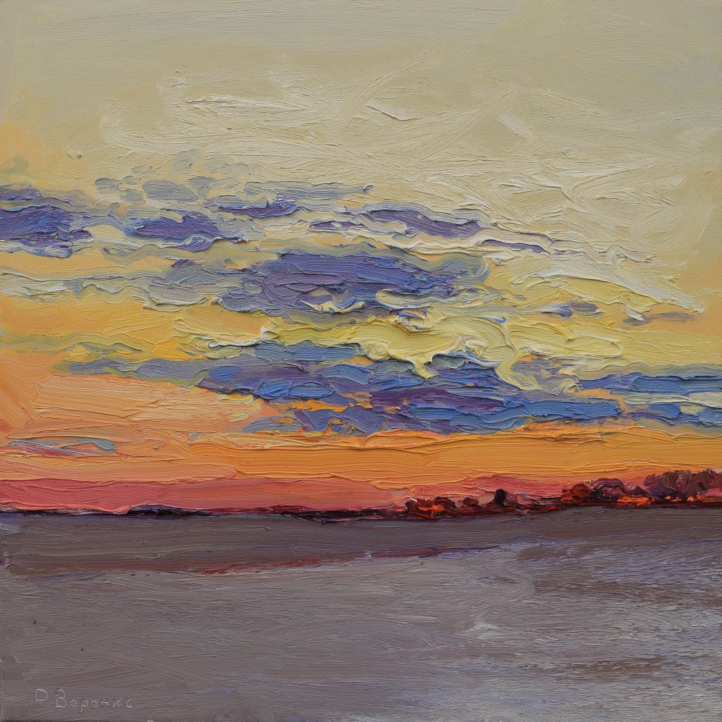 Oil painting of a winter twilight landscape with icy ground and a sky in lavender, gold, and crimson tones.