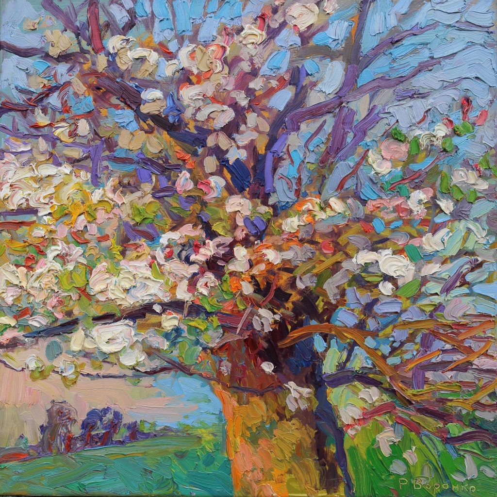 Oil painting of a blooming apple tree with sturdy branches covered in white blossoms in spring.