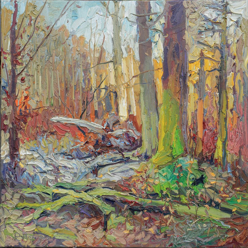 Oil painting of a frosty winter dawn with hoarfrost-covered grass, oak trees, and soft rising sunlight.