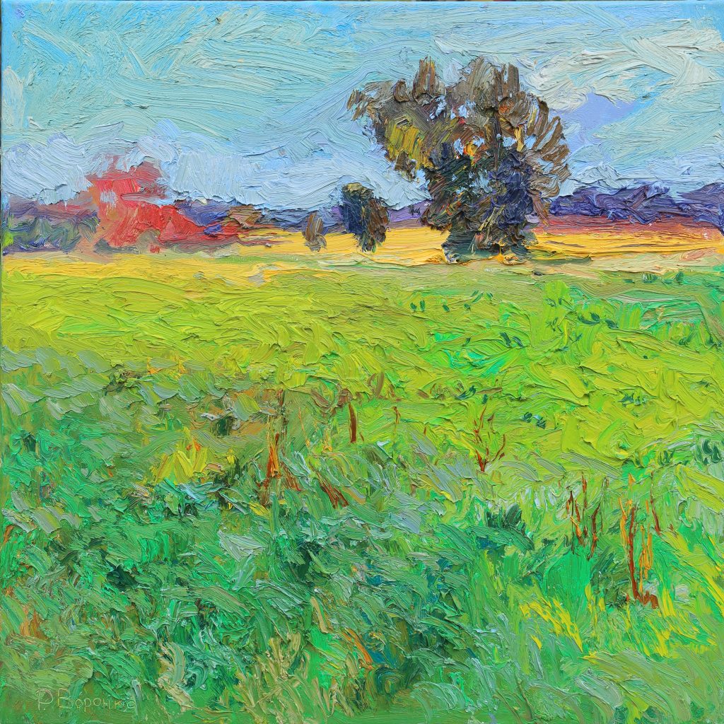 Oil painting of a meadow at dusk with dew-covered grass, crimson-lit treetops on the horizon, and an evening sky.
