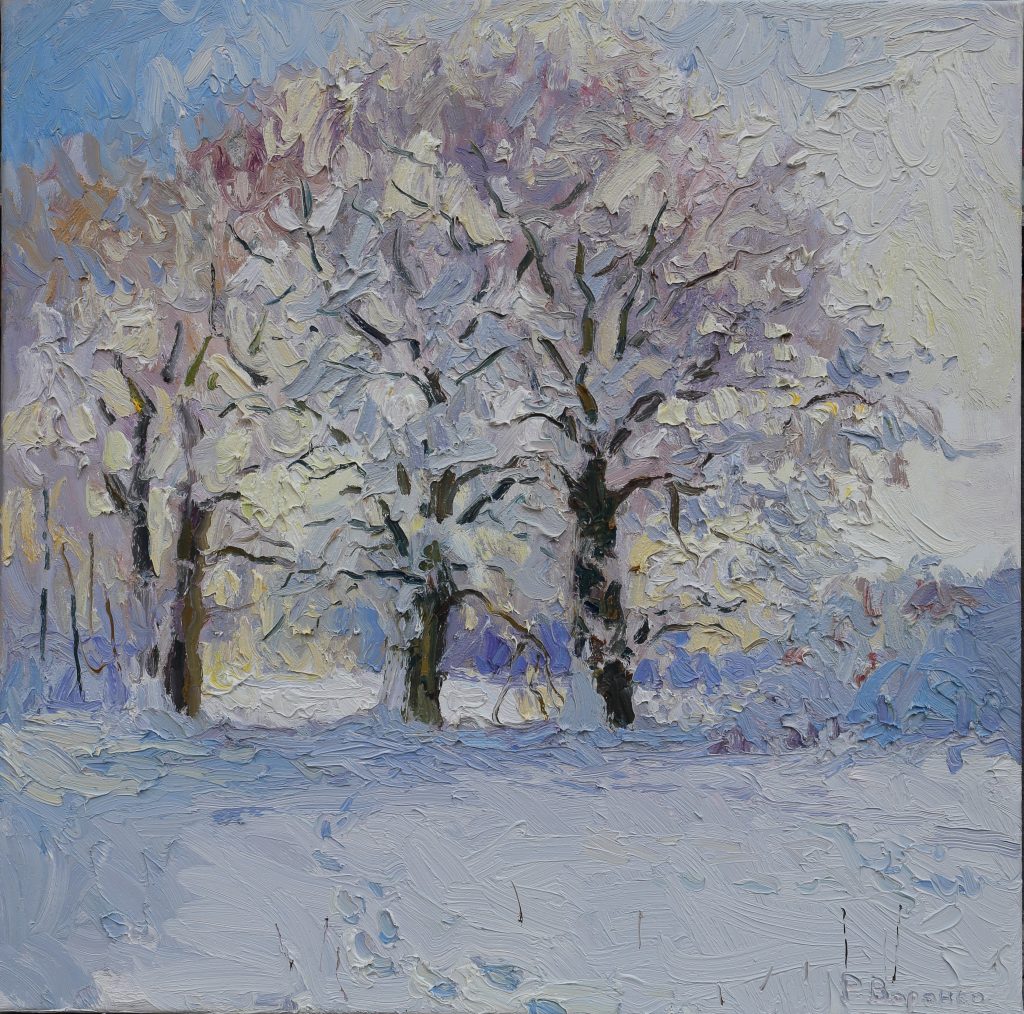 Oil painting of snow-covered oak trees in a winter morning landscape with soft sunlight and blue shadows on fresh snow.