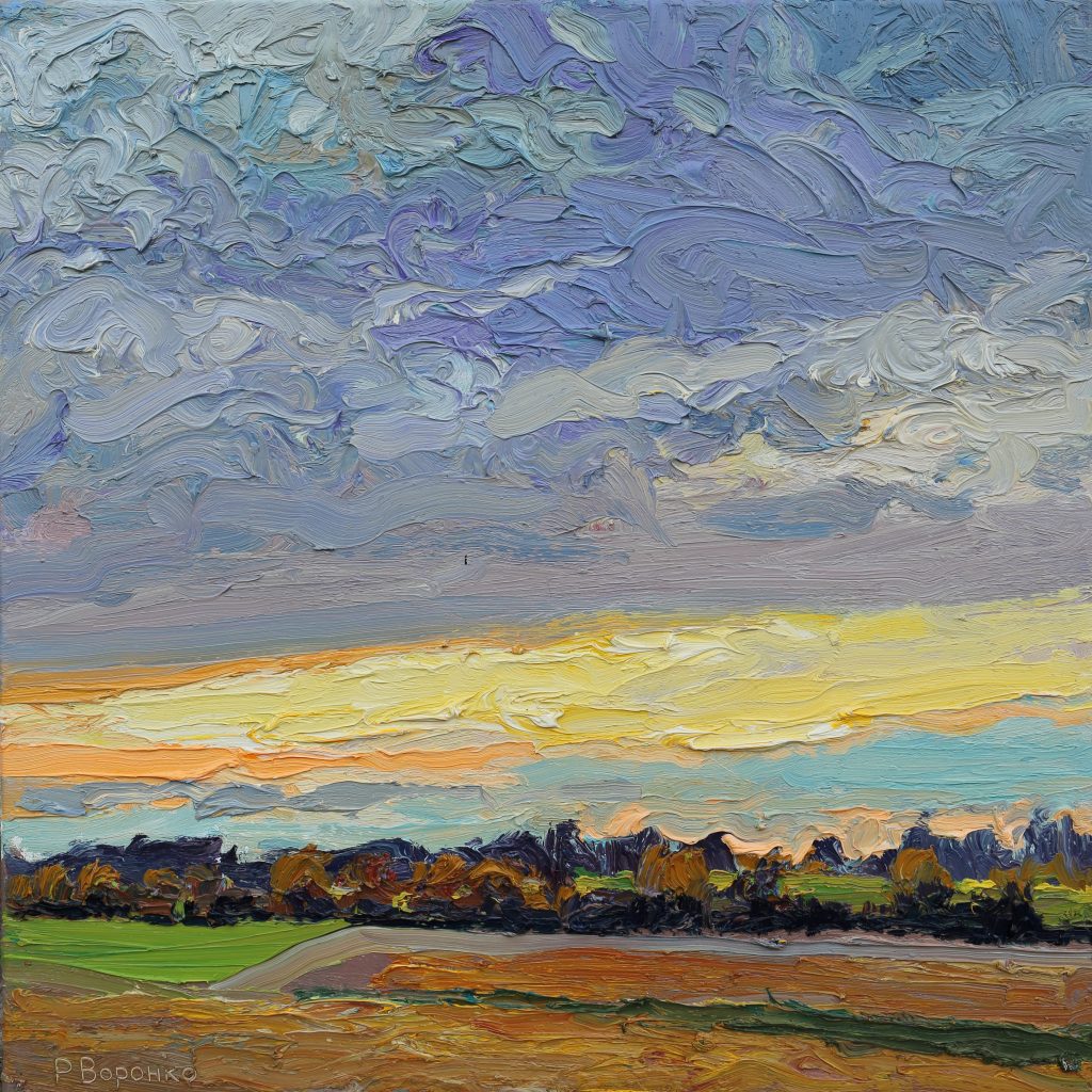Oil painting of a September evening landscape with a wide blue sky, cool wind, and a golden streak of light on the horizon.