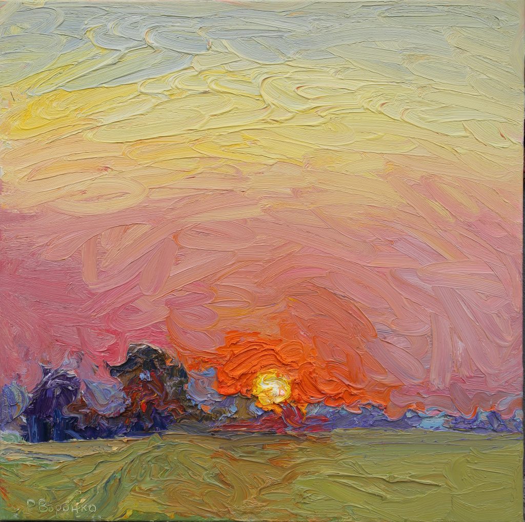 Oil painting of a sunrise over a wide meadow with dew, a pink sky, and a glowing yellow-white sun on the horizon.