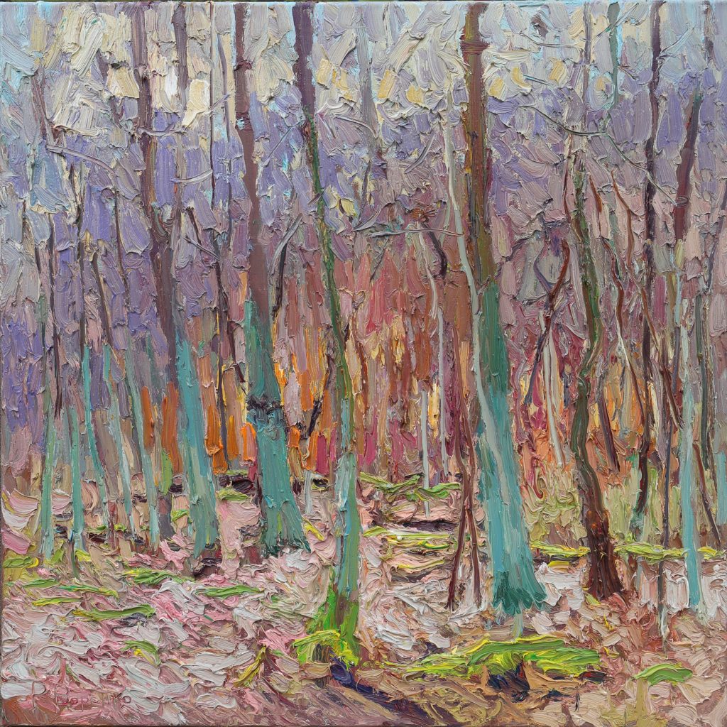 Oil painting of a quiet hornbeam forest at twilight with bare branches and muted autumn tones.