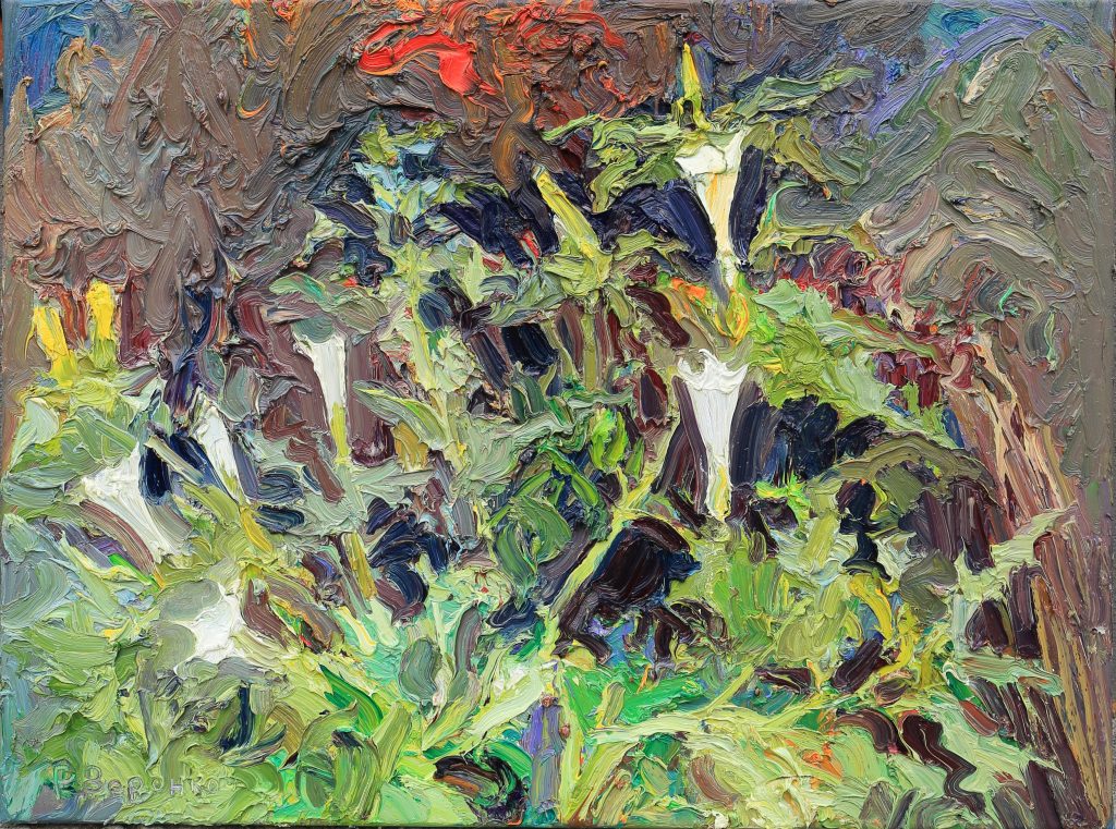 Oil painting of a blooming datura plant with white trumpet-shaped flowers in an August field at dusk.