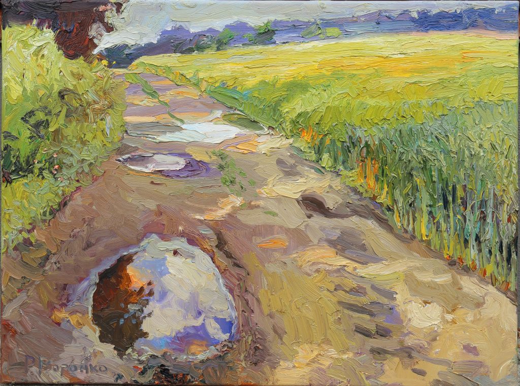 Oil painting of round puddles on a country road reflecting blue sky and white clouds.