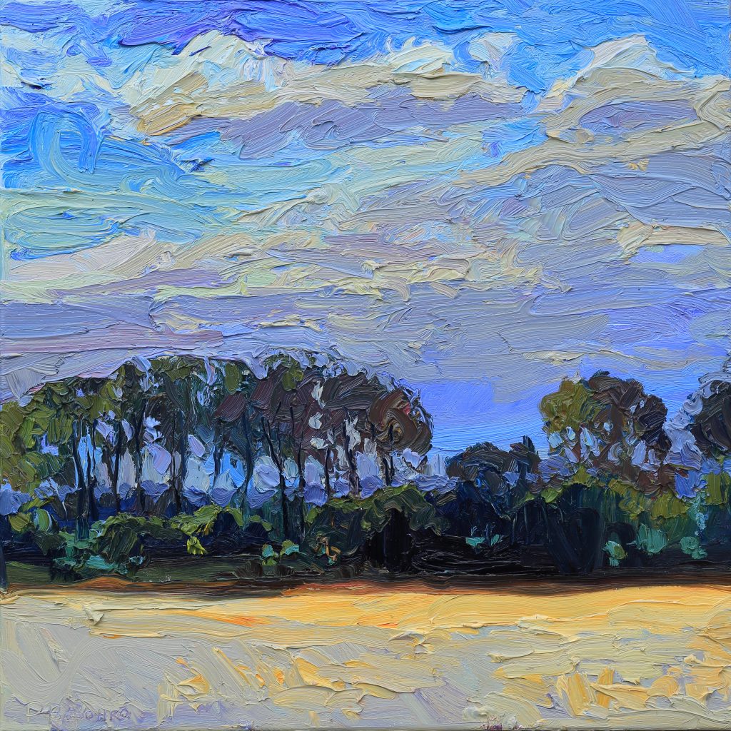 Oil painting of an evening landscape with ripening wheat fields, pink clouds in a blue sky, and dark poplar trees on the horizon.