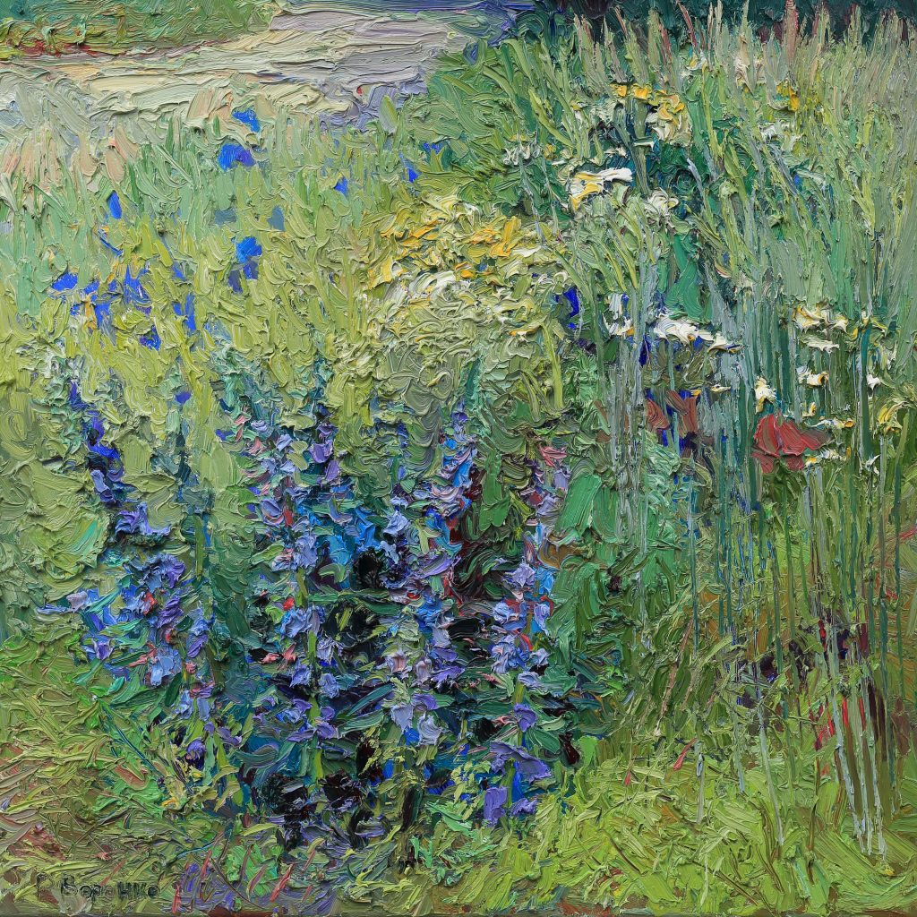 Oil painting of a quiet afternoon landscape with warm light and subtle movement of wind and color.