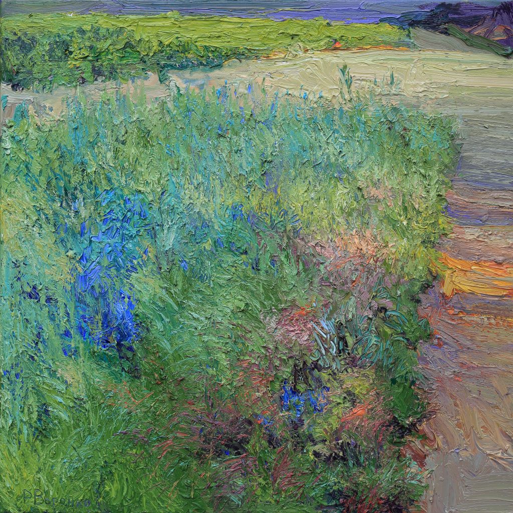 Oil painting of glowing cornflowers in evening light, with a country path and wild grass at the edge of a summer field.