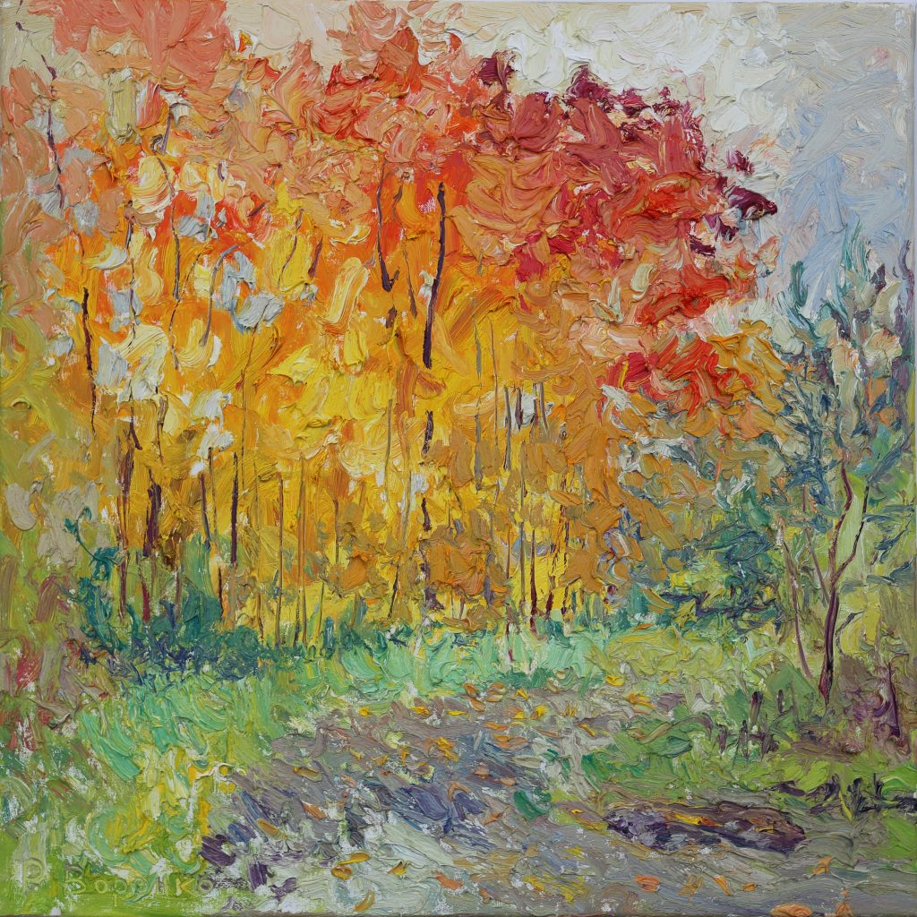 Oil painting of a rainy autumn landscape with glowing maple trees in gold and red tones under fine silvery rain.