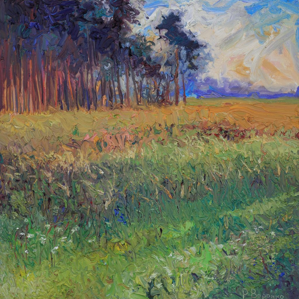 Oil painting of a September morning with sunlight breaking through pine forest onto a green meadow.