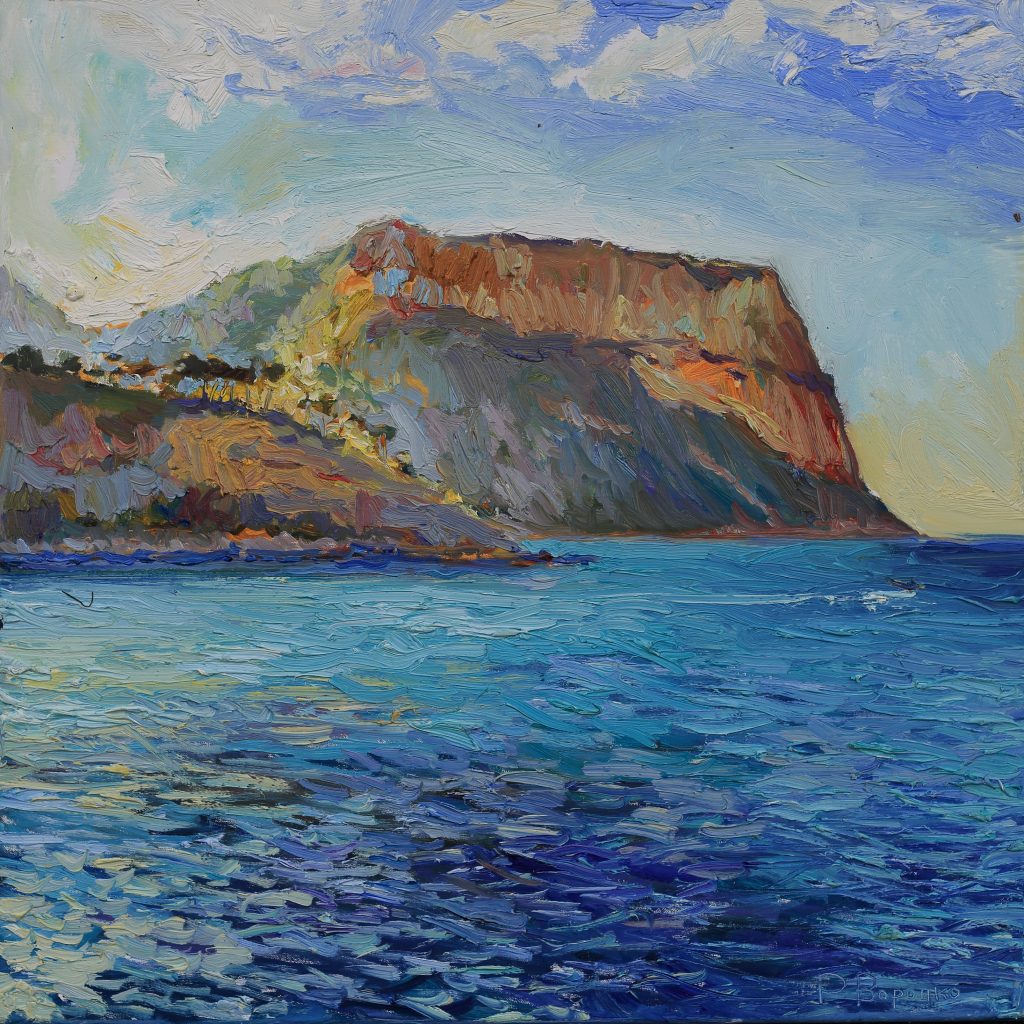 Oil painting of a summer morning in Cassis with sunlit cliffs, a calm sea, and warm coastal light.