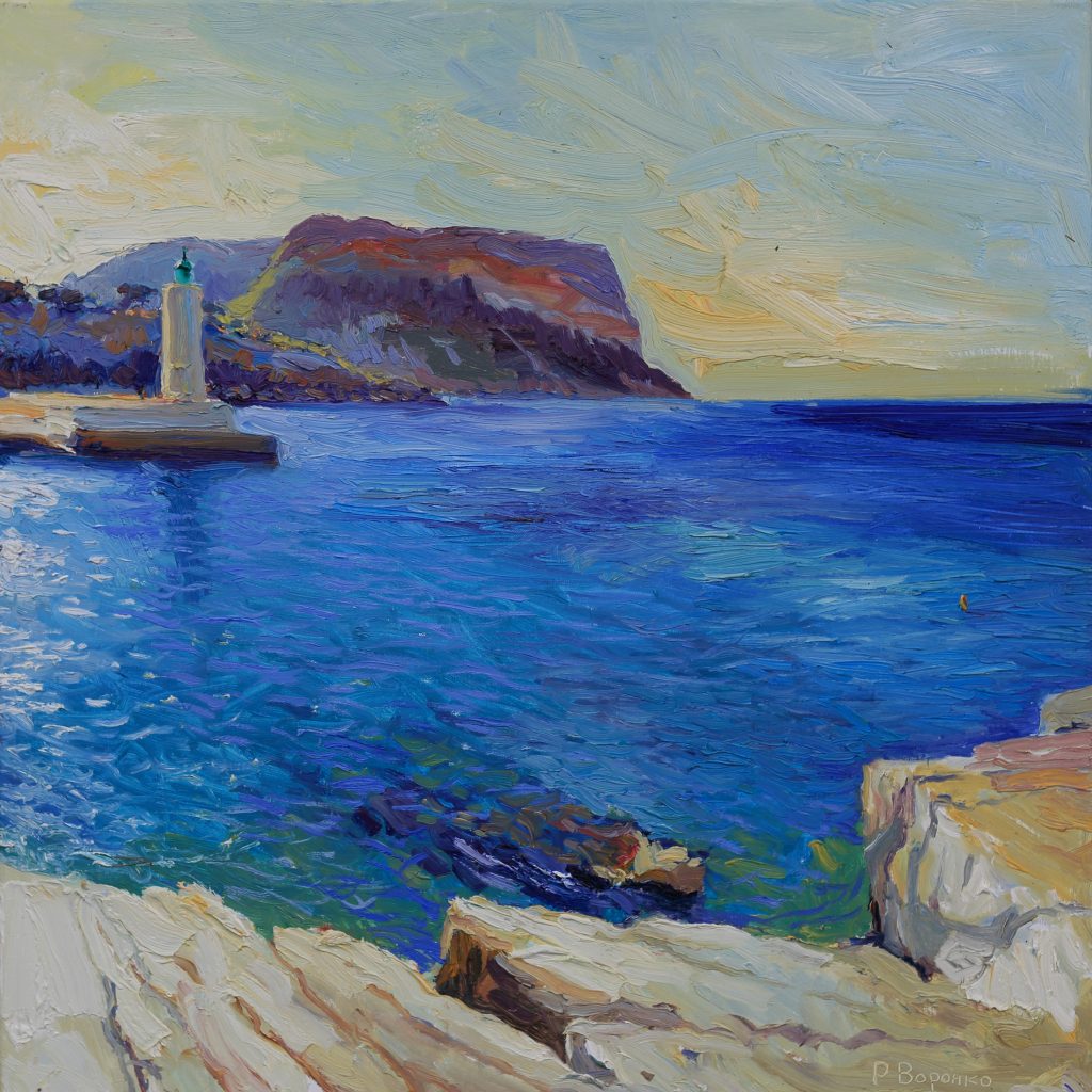 Oil painting of a rocky coastal bay in Cassis with waves, stone cliffs, and luminous Mediterranean light.