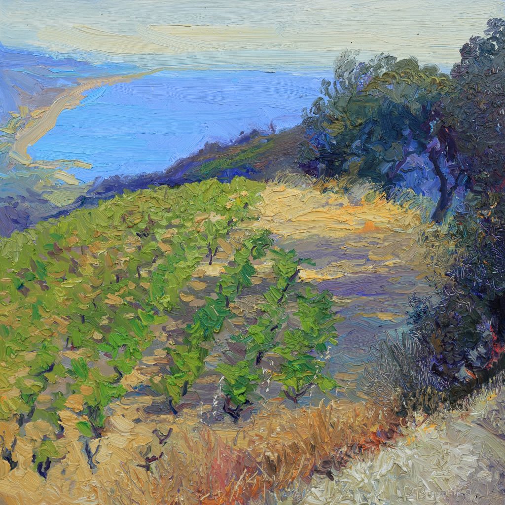 Oil painting of a morning mountain landscape with descending green vineyards and a distant blue sea beneath a clear sky.