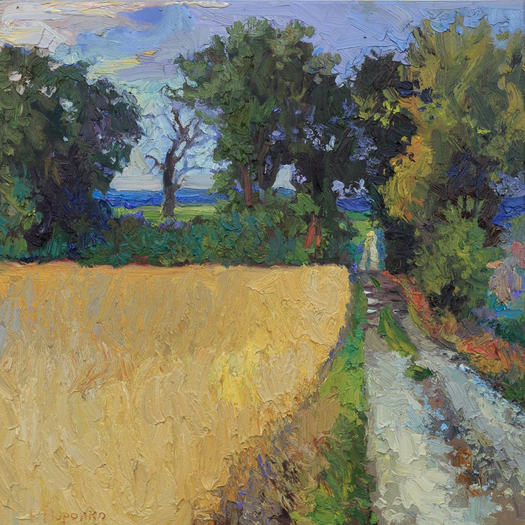 Oil painting of an evening landscape after rain with a shimmering path, moist air, grain fields, and soft clearing light.