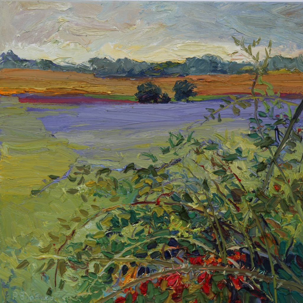 Oil painting of an autumn landscape with violet phacelia fields and warm amber and russet tones inspired by Provence.