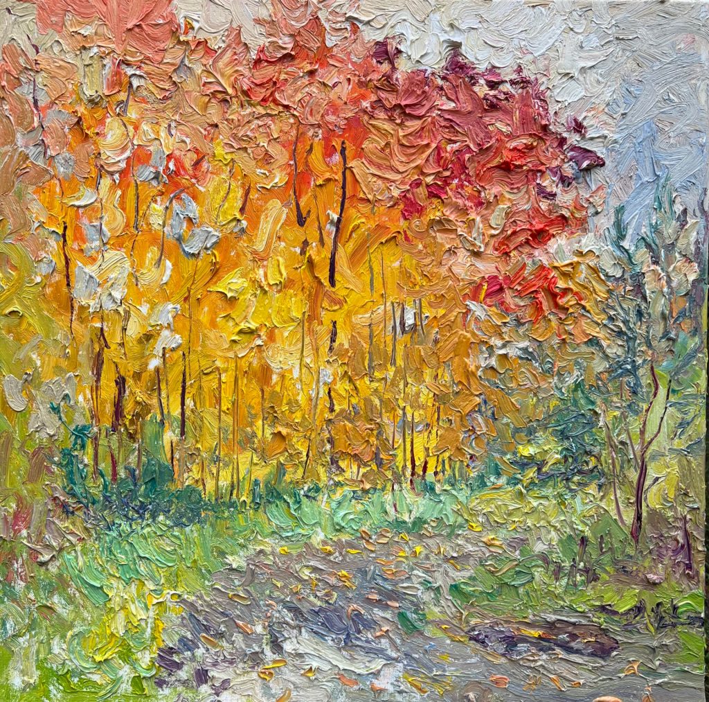 Oil painting of a rainy autumn landscape with glowing maple trees in gold and red tones under fine silvery rain.