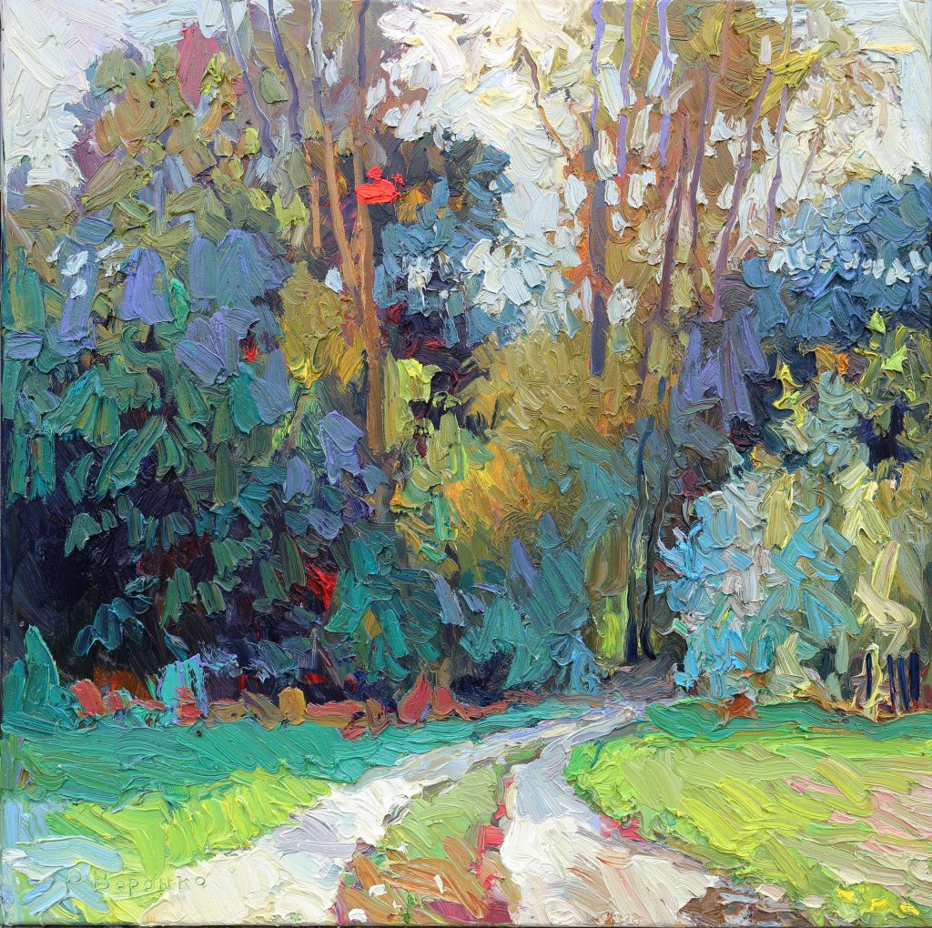 Oil painting of a country road leading into an autumn grove of oak and poplar trees, painted with expressive impasto brushstrokes.