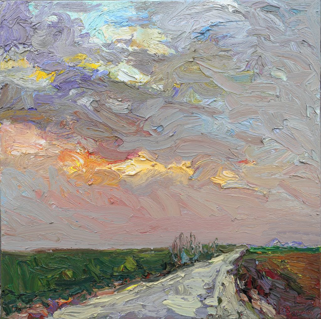 Oil painting of a spring country road at sunset, with expressive brushstrokes, glowing clouds, and a path leading into the distance.