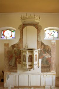 North and south sections of the altar wall in the church of Tauche, depicting Moses with the Tablets of the Law and Hans Johann Albrecht von Barfuß, revealed during restoration