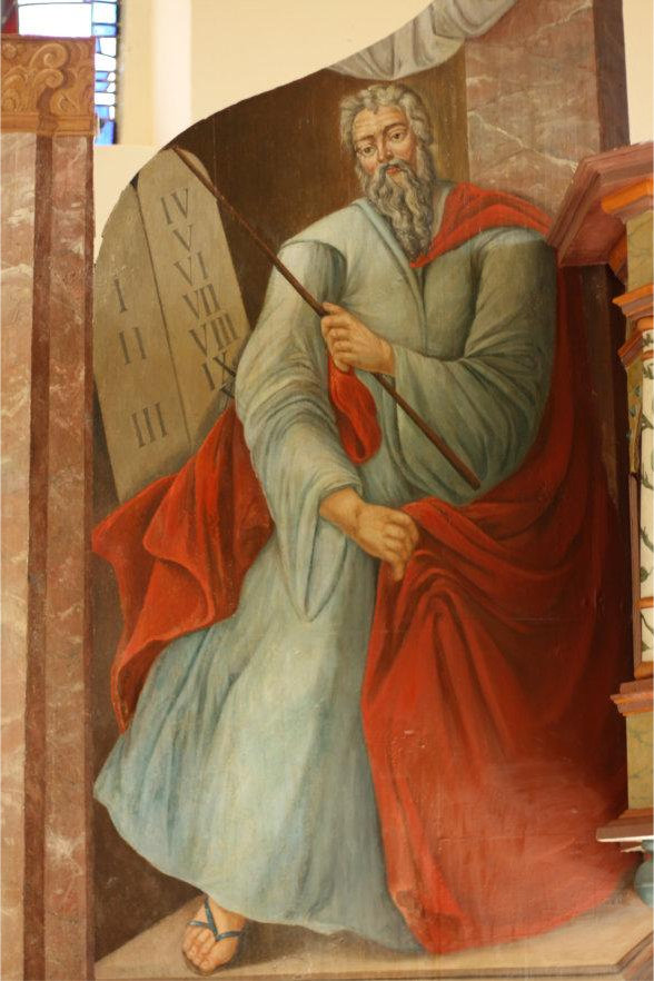 Detail of the restored altar wall painting depicting Moses with the Tablets of the Law in the church of Tauche, Brandenburg