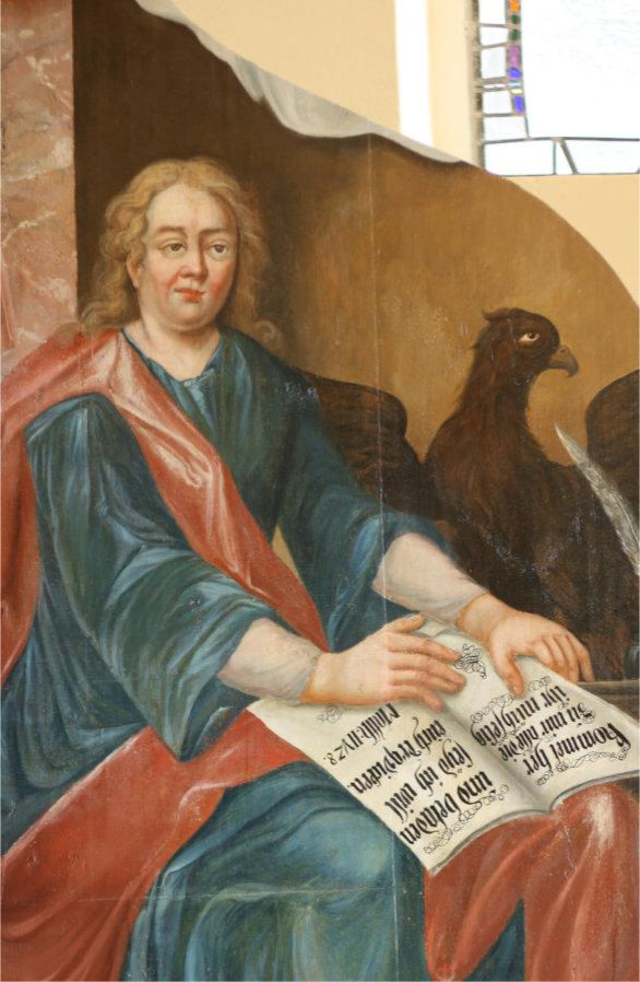 Detail of the altar wall painting depicting Hans Johann Albrecht von Barfuß, shown with an open book and eagle, restored as part of the pulpit altar conservation in the church of Tauche