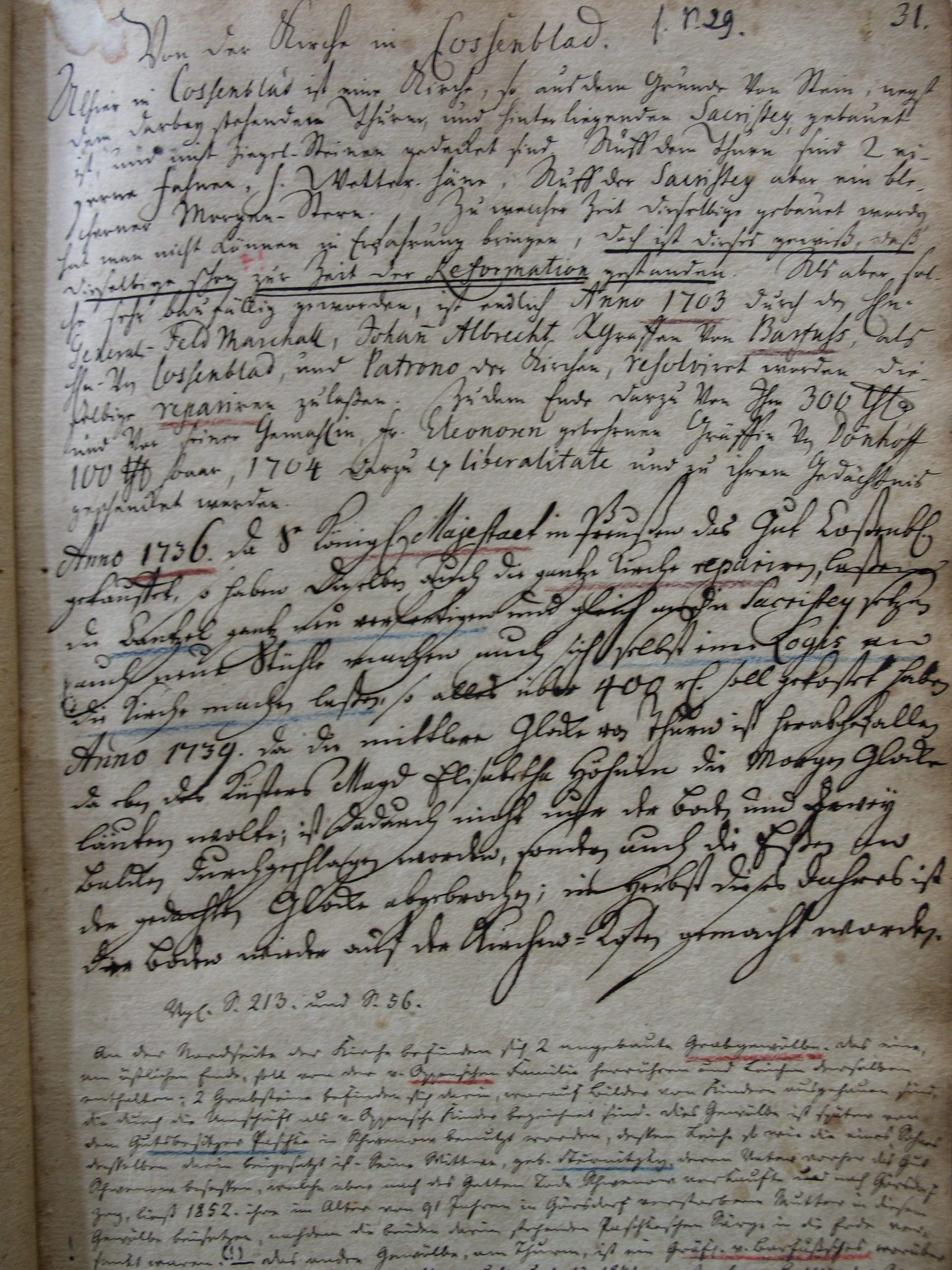 Handwritten church visitation record from 18th-century Kossenblatt, documenting renovations, patronage by Johann Albrecht von Barfuß, and the reconstruction of the church altar later transferred to Tauche.